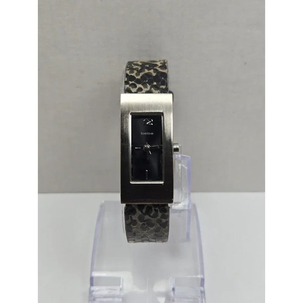 Womens Bebe 16mm Silver Tone Y2k Tank Watch Snakeskin Print Leather New Battery
